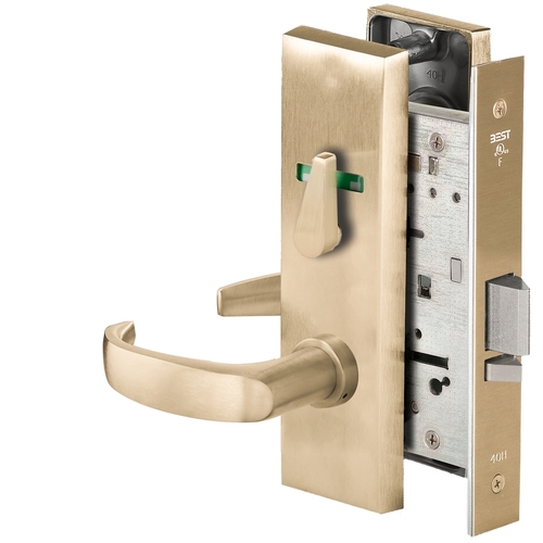 Grade 1 Office Mortise Lock, Visual Thumbturn Indicator, 14 Lever, M Escutcheon, SFIC Housing Less Core, Satin Brass Finish, Field Reversible Satin Brass