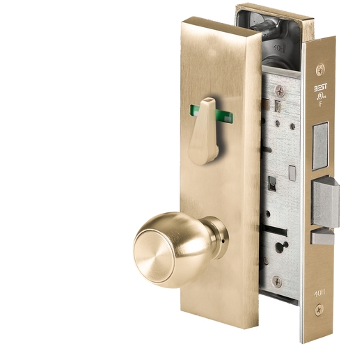 Grade 1 Dormitory Mortise Lock, Visual Thumbturn Indicator, 4 Knob, M Escutcheon, SFIC Housing Less Core, Satin Brass Finish, Field Reversible Satin Brass