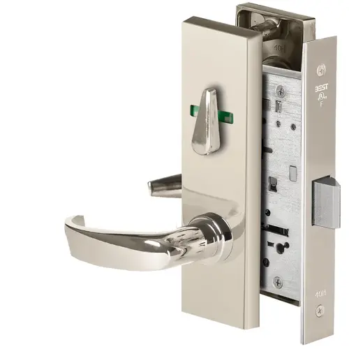 Grade 1 Privacy Mortise Lock, Visual Thumbturn Indicator, 14 Lever, M Escutcheon, Non-Keyed, Bright Nickel Finish, Field Reversible Bright Nickel