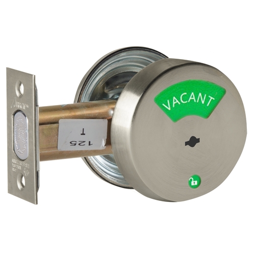 Grade 2 Indicator Deadlock, Red/White "Vacant/Occupied" Indicator Outside, Non-keyed, Satin Nickel Plated Clear Coated Finish, Field Reversible Satin Nickel Plated Clear Coated