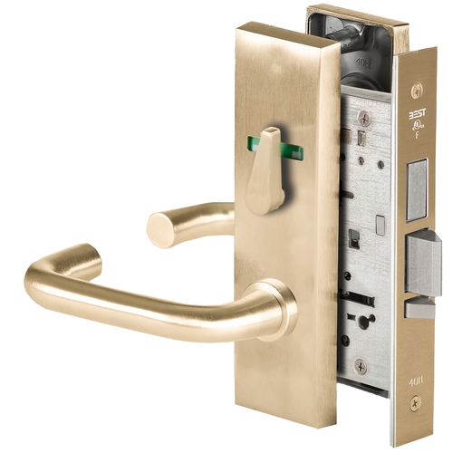 Grade 1 Dormitory Mortise Lock, Visual Thumbturn Indicator, 3 Lever, M Escutcheon, SFIC Housing Less Core, Satin Brass Finish, Field Reversible Satin Brass