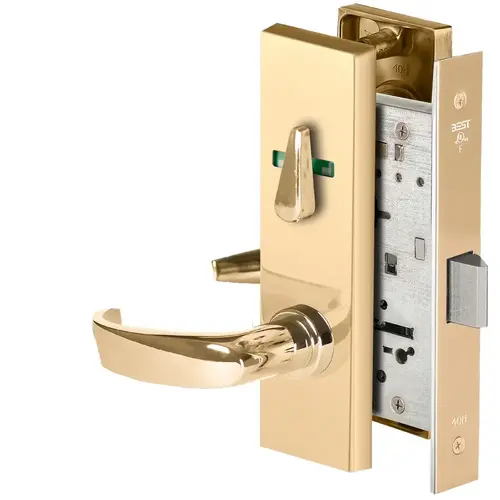 Grade 1 Privacy Mortise Lock, Visual Thumbturn Indicator, 14 Lever, M Escutcheon, Non-Keyed, Bright Brass Finish, Field Reversible Bright Brass