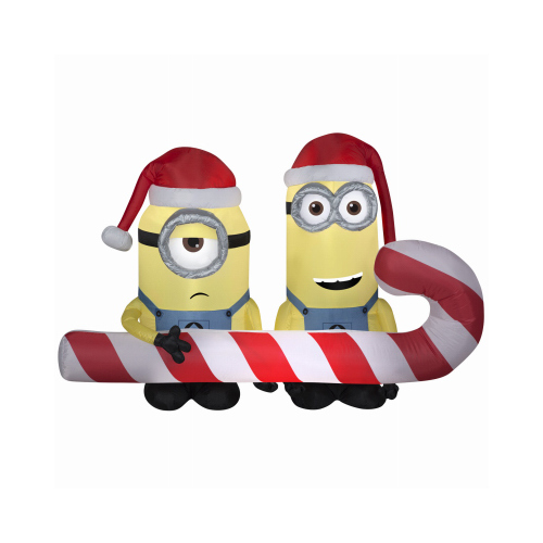 Christmas Inflatable Lawn Decoration, Minions Carrying Candy Cane, Lighted, 4-Ft.