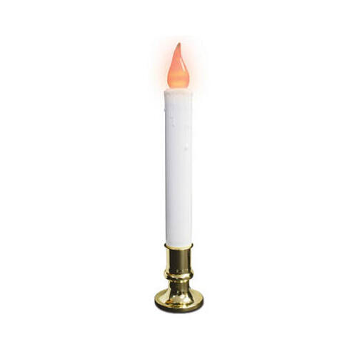 Christmas Candle, Electric With Timer, Clear Flame, White/Brass, 9-In.