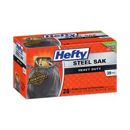 Hefty 00E88682 Steel Sak Heavy-Duty Drawstring Contractor CleanUp Trash Bags, Gray, 28-Ct., 39-Gal.