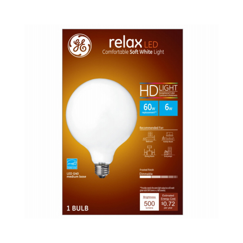 GE Lighting 93116240 LED Relax Globe Light Bulb, G40, Soft White, 500 Lumens, 6-Watts