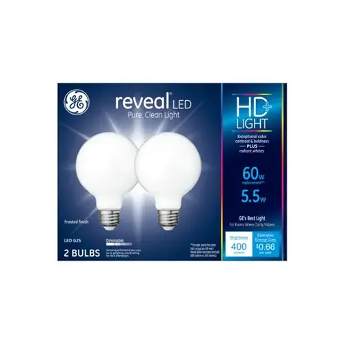 LED Reveal Globe Light Bulbs, Pure White, 500 Lumens, 5.5-Watts Pair