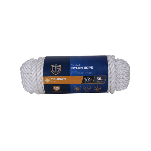 Nylon Rope, Twisted, White, 1/2-In. x 50-Ft.