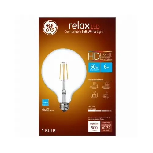 LED Relax Globe Light Bulb, G40, Clear Soft White, 500 Lumens, 6-Watts