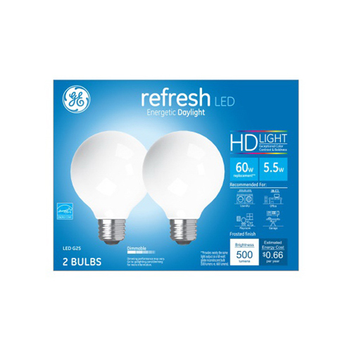 LED Refresh Globe Light Bulbs, Daylight, 500 Lumens, 5.5-Watts Pair