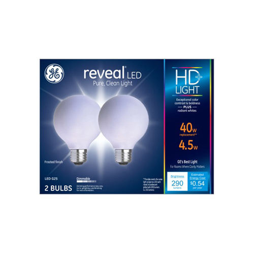 LED Reveal Globe Light Bulbs, G25, Frosted Pure White, 290 Lumens, 4.5-Watts Pair