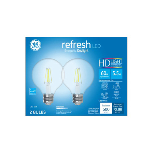 LED Refresh Globe Light Bulbs, Clear Daylight, 500 Lumens, 5.5-Watts Pair