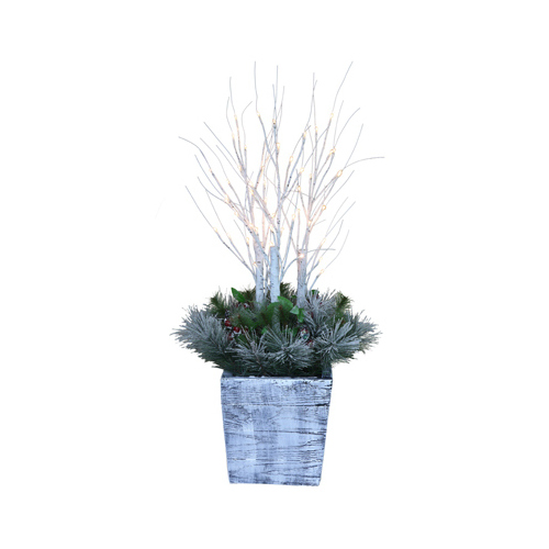 PULEO ASIA LIMITED 301-BT809-36L-JB-TV Christmas Porch Pot With Birch & PVC Greenery, 54 Warm White LED Lights, 36-In.