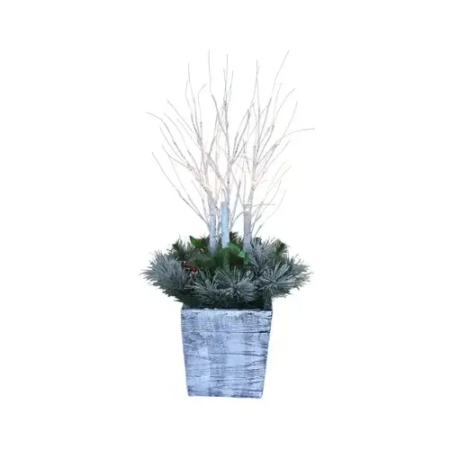 Christmas Porch Pot With Birch & PVC Greenery, 54 Warm White LED Lights, 36-In.