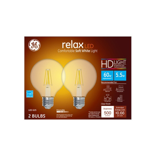 LED Relax Globe Light Bulbs, Clear Soft White, 500 Lumens, 5.5-Watts Pair