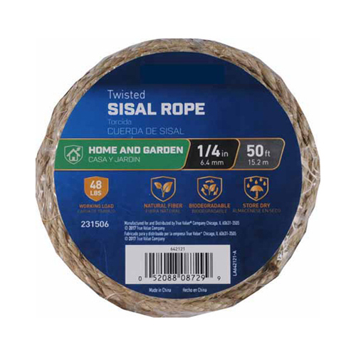 Sisal Rope, Twisted, 1/4-In. x 100-Ft.