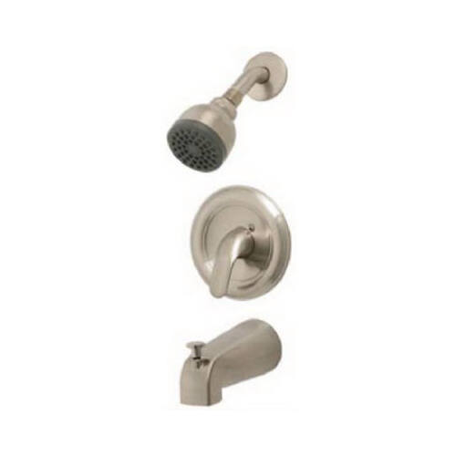 Tub & Shower Faucet + Showerhead, Pressure-Balancing, Single Metal Lever, Brushed Nickel