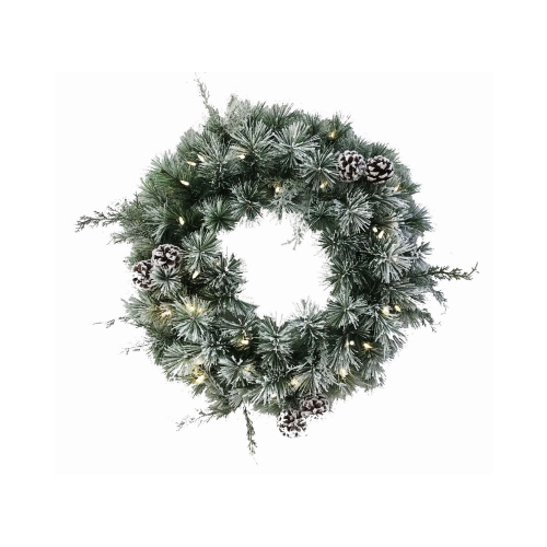 Artificial Pre-Lit Christmas Wreath, Flocked, 24-In.