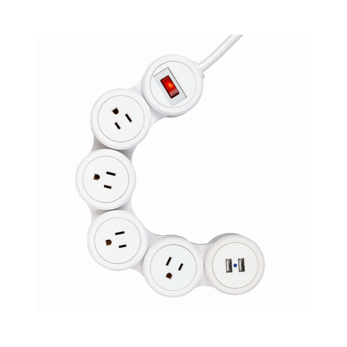 Globe Electric 7817501 Flexible Power Strip, 2 USB Ports, 6-Ft. Cord, White