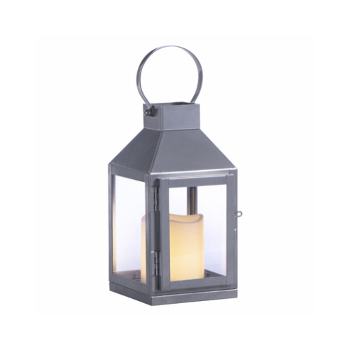 Silver Metal Lantern, LED Candle, 8-In.