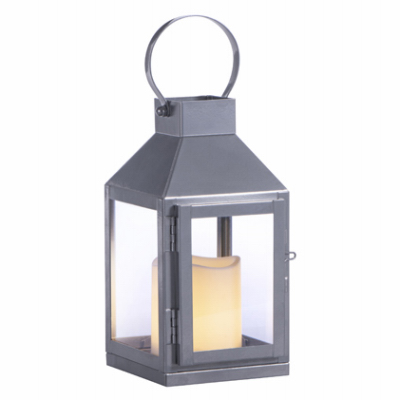 RIMPORTS LLC GL43837 Silver Metal Lantern, LED Candle, 8-In.