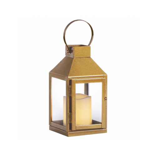 Gold Metal Lantern, LED Candle, 8-In.