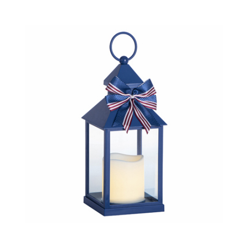 Blue Americana Resin Lantern, LED Candle, 10.75-In.