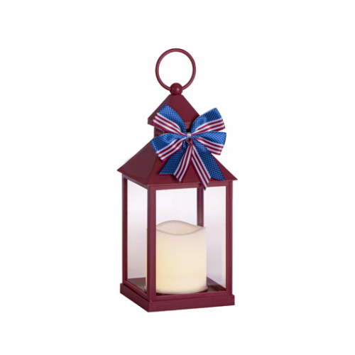 Red Americana Resin Lantern, LED Candle, 10.75-In.