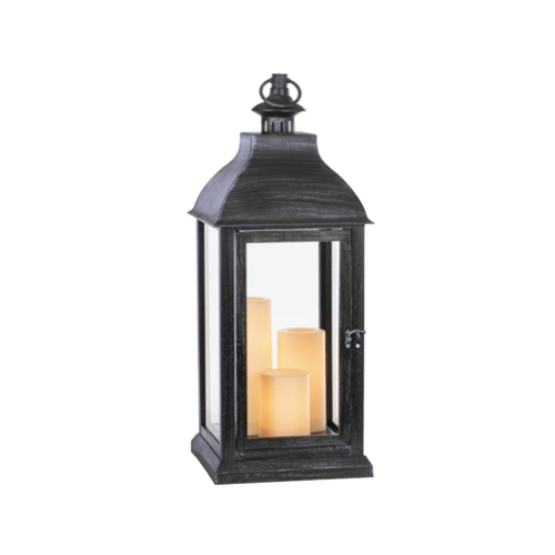 Black Resin Lantern, Antique Finish, LED Candle + Timer, 23-In.