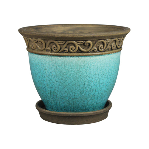 Urn Planter With Saucer, Cadiz/Teal, Ceramic, 6-In. - pack of 2