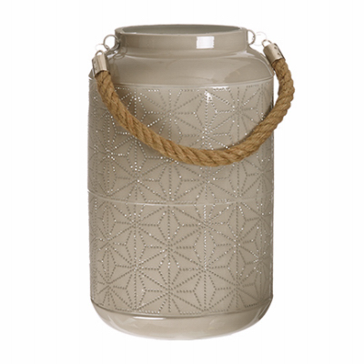 RIMPORTS LLC GL39074 Patio Lantern, Beige Metal With 20-Pc. LED String Lights, 11-In.