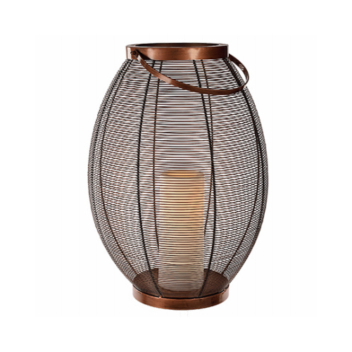 Patio Lantern, Oval Metal Wire Basket, LED Flameless Candle, 16-In.