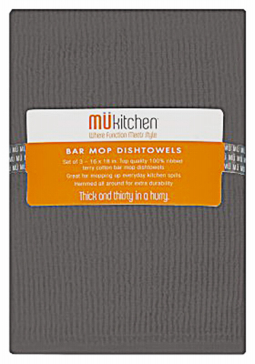 Mu Kitchen 6620-1817 Bar Mop Towels, Slate, 100% Cotton, 18 x 18-In - pack of 3