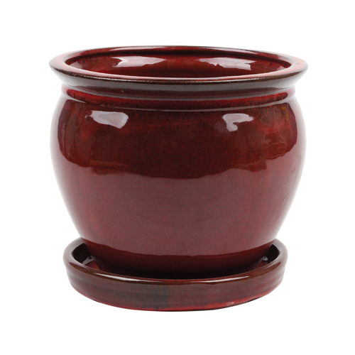 ATT SOUTHERN INC CRM-031062 Ceramic Planter With Saucer, Wisteria/Oxblood Red, 12-In.