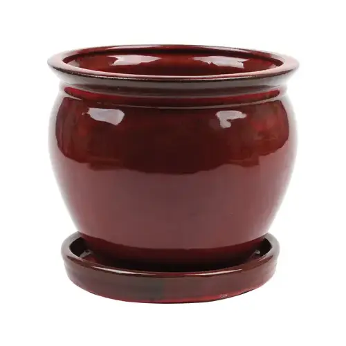 ATT SOUTHERN INC CRM-031062 Ceramic Planter With Saucer, Wisteria/Oxblood Red, 12-In.