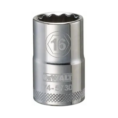 Drive Socket, 16 mm Socket, 1/2 in Drive, 12-Point, Vanadium Steel, Polished Chrome