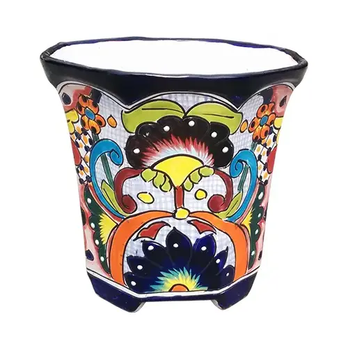 Ceramic Planter, Octagon, Double-Fired, Hand-Painted, 8-In. Multi-colored