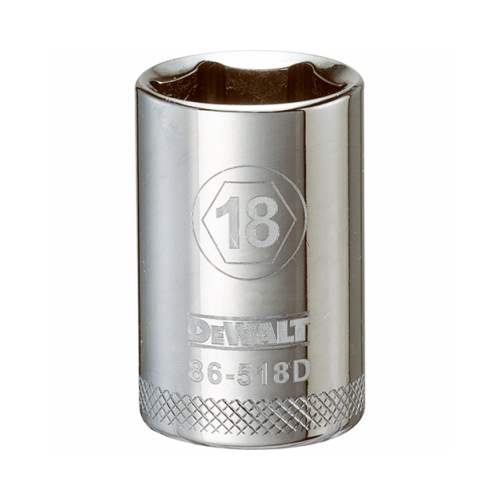 Drive Socket, 18 mm Socket, 1/2 in Drive, 6-Point, Vanadium Steel, Polished Chrome