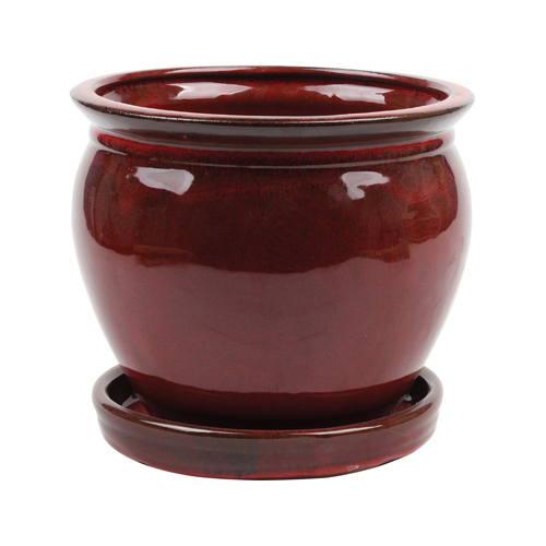 Ceramic Planter With Saucer, Wisteria/Oxblood Red, 6-In.