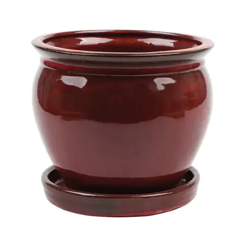 Ceramic Planter With Saucer, Wisteria/Oxblood Red, 6-In.