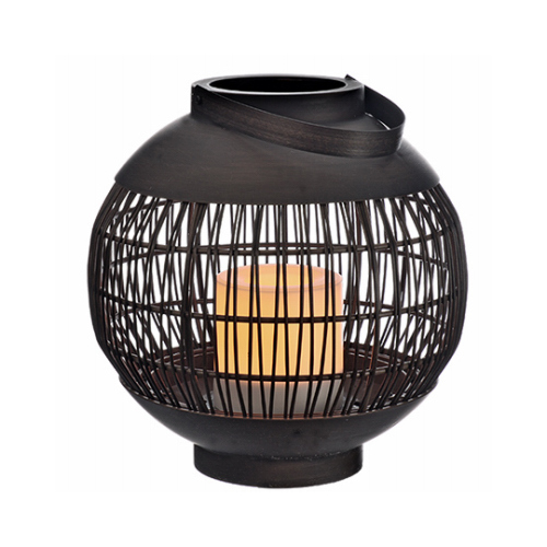 Patio Lantern, Dark Brown Metal Basket, LED Flameless Candle, 9-In.