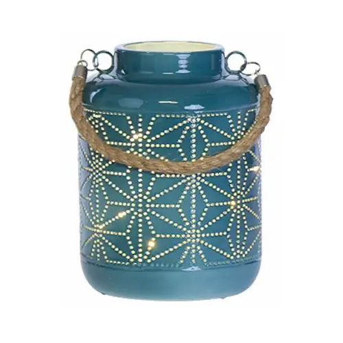 Patio Lantern, Turquoise Metal With 20-Pc. LED String Lights, 7-In.