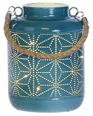 RIMPORTS LLC GL40265 Patio Lantern, Turquoise Metal With 20-Pc. LED String Lights, 7-In.