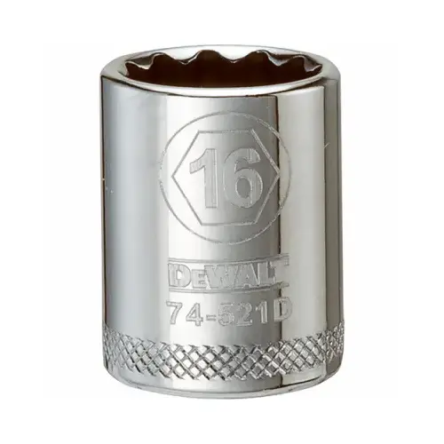 Hand Socket, 16 mm Socket, 3/8 in Drive, 12-Point, Vanadium Steel, Polished Chrome