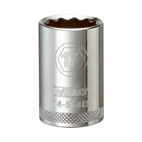 Drive Socket, 17 mm Socket, 1/2 in Drive, 12-Point, Vanadium Steel, Polished Chrome