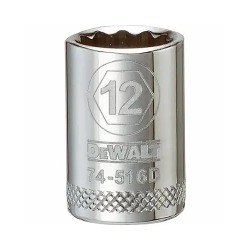 Hand Socket, 12 mm Socket, 3/8 in Drive, 12-Point, Vanadium Steel, Polished Chrome