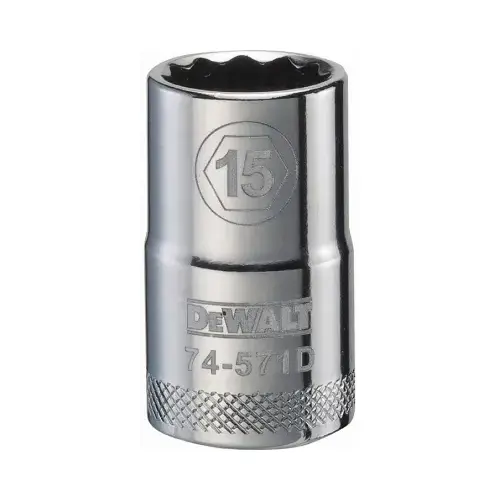 Drive Socket, 15 mm Socket, 1/2 in Drive, 12-Point, Vanadium Steel, Polished Chrome