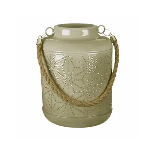 Patio Lantern, Beige Metal With 20-Pc. LED String Lights, 7-In.