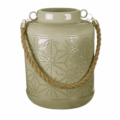 RIMPORTS LLC GL40264 Patio Lantern, Beige Metal With 20-Pc. LED String Lights, 7-In.