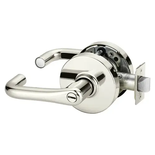 Grade 1 Privacy Bathroom Cylindrical Lock, J Lever, Non-Keyed, Bright Nickel Plated Clear Coated Finish, Not Handed Bright Nickel Plated Clear Coated